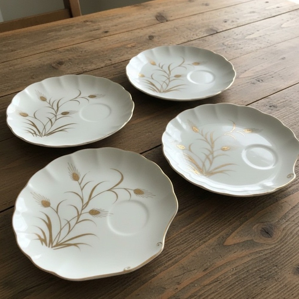 4 Lefton China Snack Plates Golden Wheat Pattern Hand Painted Scallop Shell